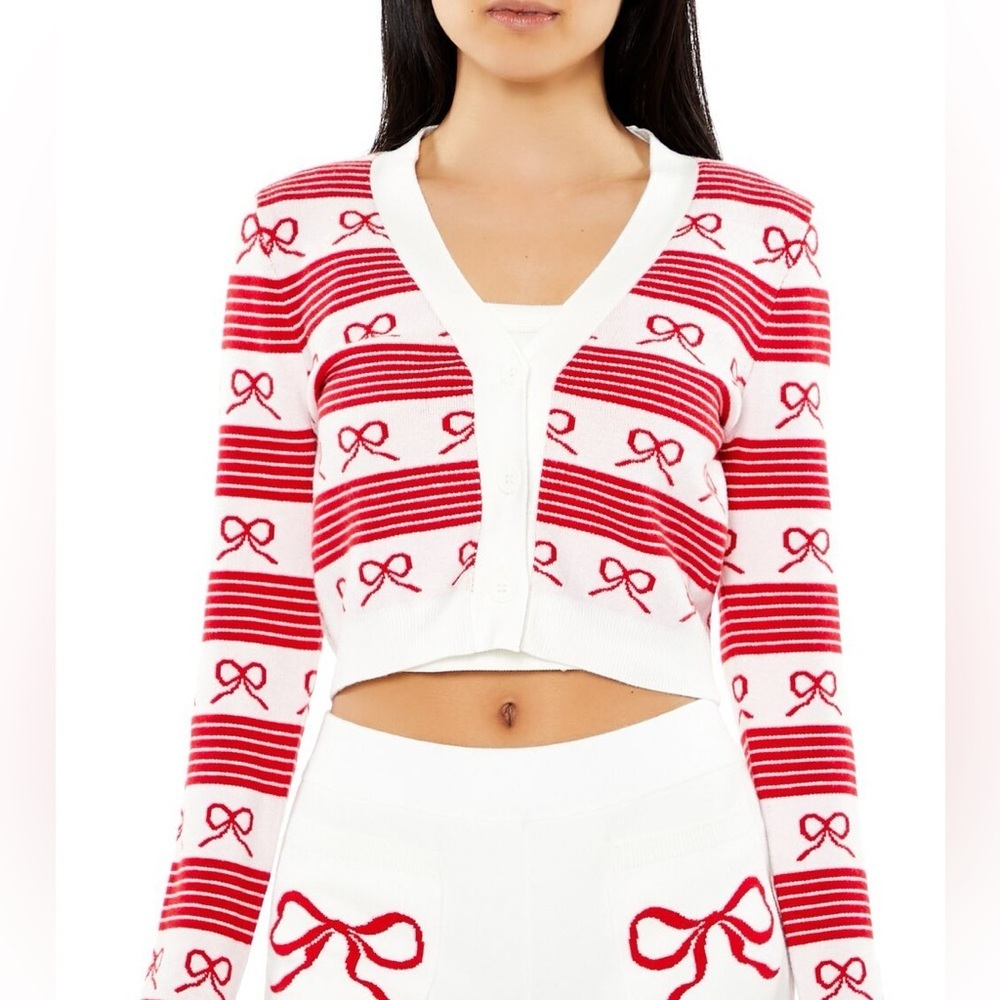 Forever 21 Coquette Striped Bow Ivory Red Knit Cardigan Sweater Size Medium - Picture 8 of 8